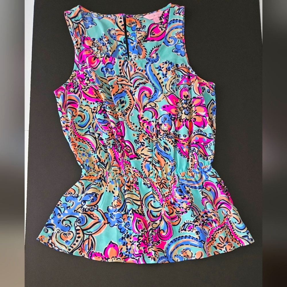 Lilly Pulitzer Silk Peplum Medium Dune Bait & Switch Aqua Pink Sleeveless…